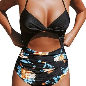 Cupshe Black and Yellow One Piece Swimsuit Scoop Neck